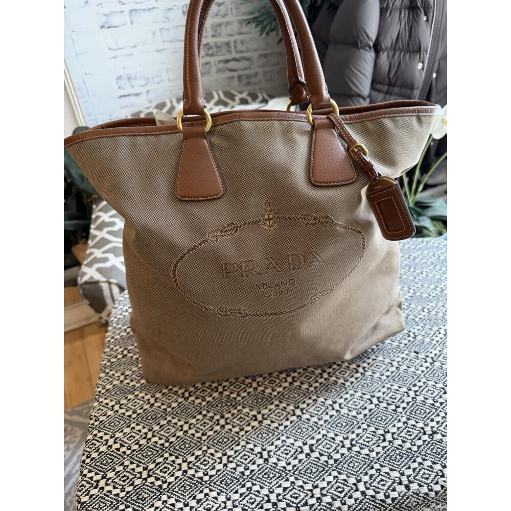 PRADA Logo Shoulder Hobo Bag Jacquard Canvas Leather Brown.